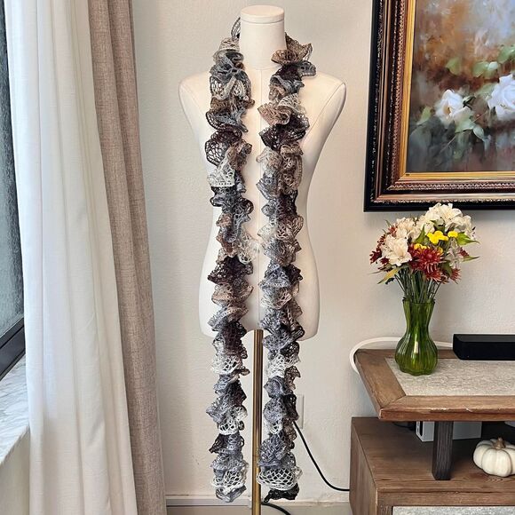 Handmade Ruffle Knit Scarf – Neutral Ombre - Picture 2 of 4